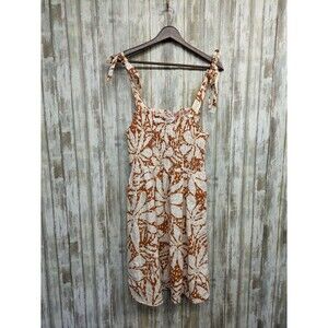Nicole Miller 100% Linen Smocked Bodice Dress Tie Strap Floral Resort Large NWT